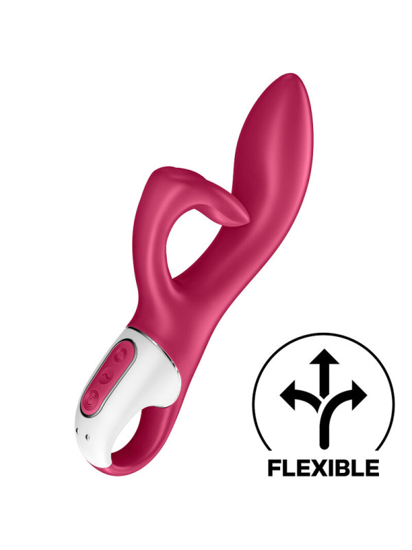 Vibrador conejito Satisfyer Embrace Me en rojo, con brazo clitoriano y sello de cuerpo flexible