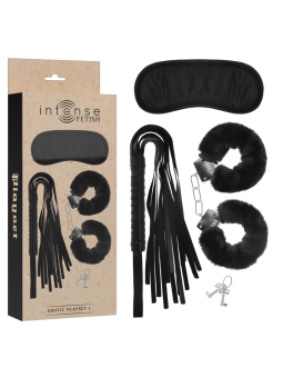 INTENSE - FETISH SET ERÓTICO 1 CON ESPOSAS, ANTIFAZ Y LÁTIGO DE CUERO VEGANO