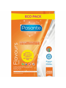 Bolsa Eco Pack de Pasante Flavours con 288 preservativos de sabores, folletos y bolsas dispensadoras