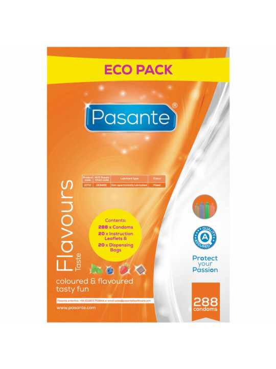 Bolsa Eco Pack de Pasante Flavours con 288 preservativos de sabores, folletos y bolsas dispensadoras