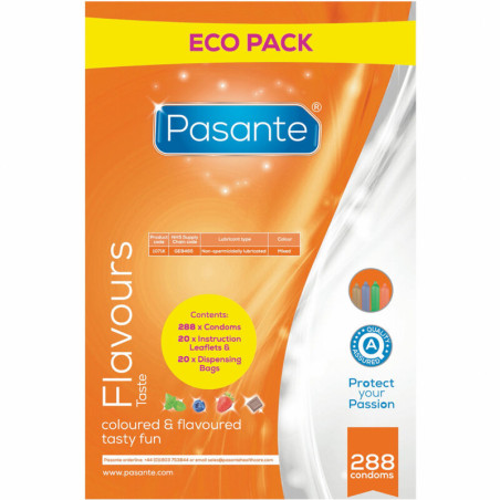 Bolsa Eco Pack de Pasante Flavours con 288 preservativos de sabores, folletos y bolsas dispensadoras