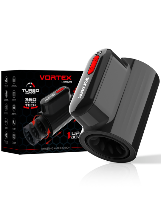 Jamyjob Vortex junto a su caja Turbo Mode, con la manga texturada y el botón rojo a la vista