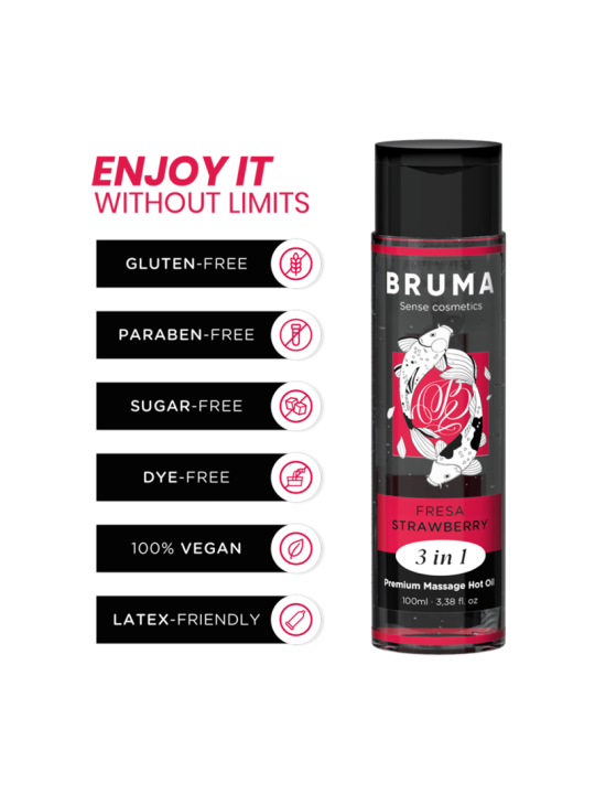 BRUMA - ACEITE DE MASAJE PREMIUM EFECTO CALOR SABOR FRESA 3 EN 1 - 100 ML