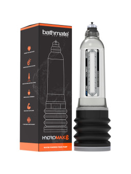 Bathmate Hydromax8 transparente junto a su caja negra y naranja con garantía de 2 años del fabricante