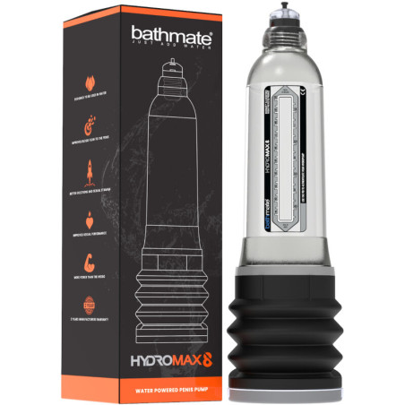 Bathmate Hydromax8 transparente junto a su caja negra y naranja con garantía de 2 años del fabricante