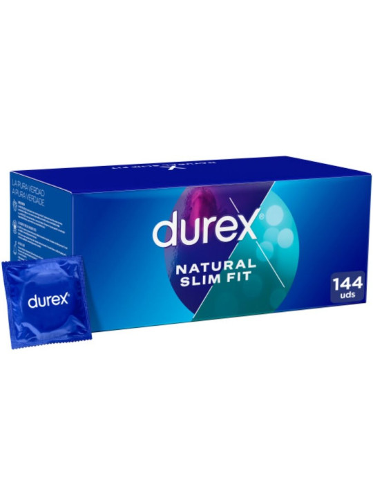Caja azul de 144 preservativos Durex Natural Slim Fit con un envoltorio individual delante