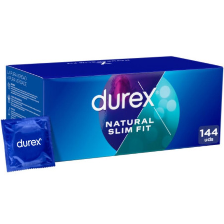 Caja azul de 144 preservativos Durex Natural Slim Fit con un envoltorio individual delante