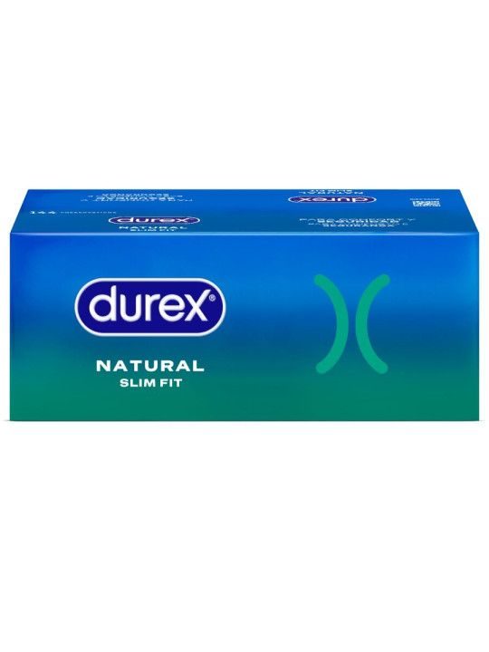 Estuche de preservativos Durex Natural Slim Fit de 144 unidades visto de frente