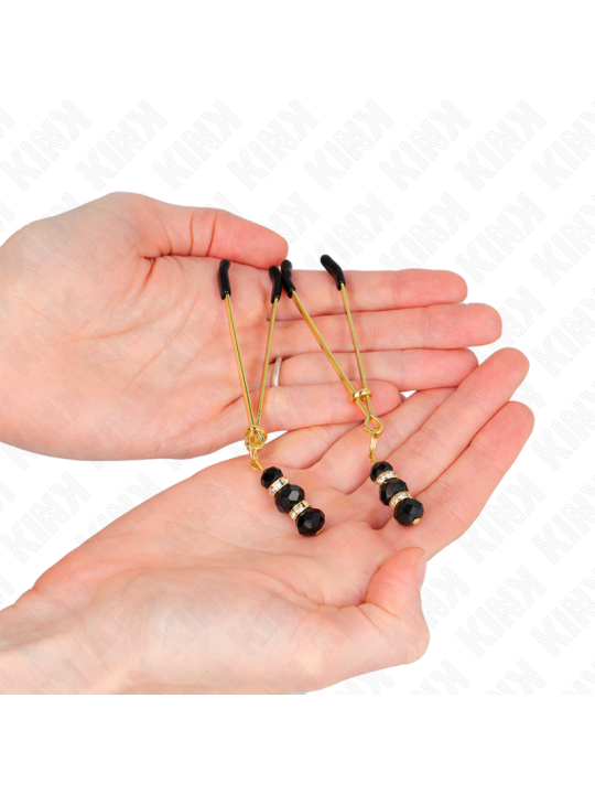 KINK - PINZAS PARA PEZONES DORADA FINA CON TRIPLE BOLA DE VIDRIO NEGRO 7 CM
