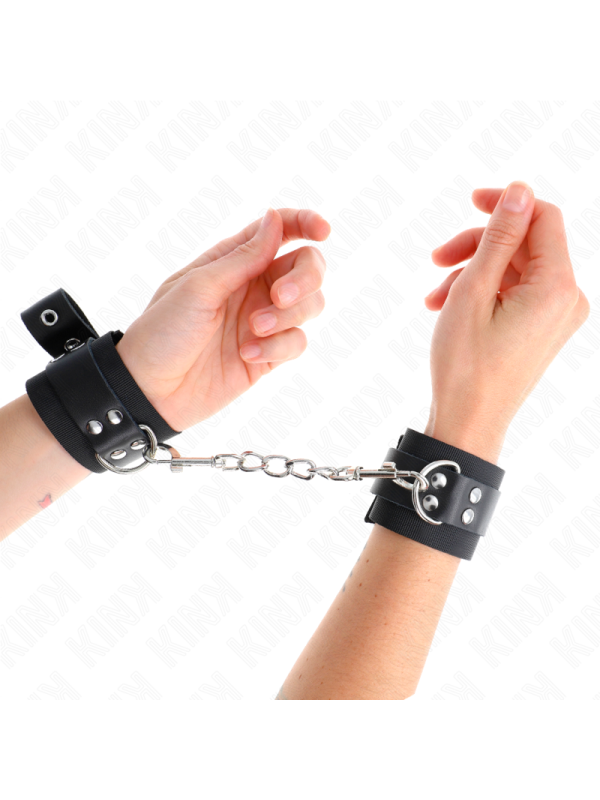 KINK - MUÑEQUERAS DE NYLON NEGRO CON CORREA CUERO NEGRO AJUSTABLE 19-29 CM X 5.1 CM