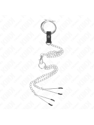 KINK - ANILLO PENE TRIPLE METAL CROMADO 3 CM A 4.5 CM CON CADENA METAL 26 CM Y PINZAS PARA PEZONES