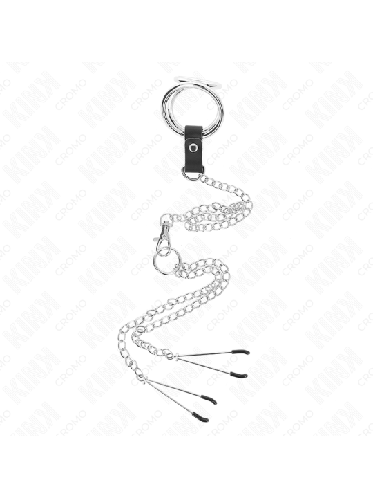 KINK - ANILLO PENE TRIPLE METAL CROMADO 3 CM A 4.5 CM CON CADENA METAL 26 CM Y PINZAS PARA PEZONES
