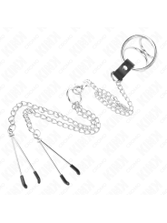KINK - ANILLO PENE TRIPLE METAL CROMADO 3 CM A 4.5 CM CON CADENA METAL 26 CM Y PINZAS PARA PEZONES