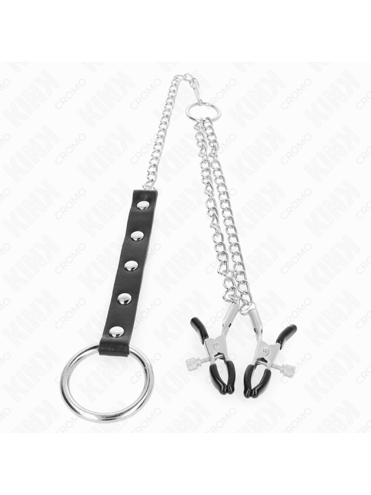 KINK - ANILLO PENE METAL CON CADENA Y PINZAS PARA PEZONES AJUSTABLE