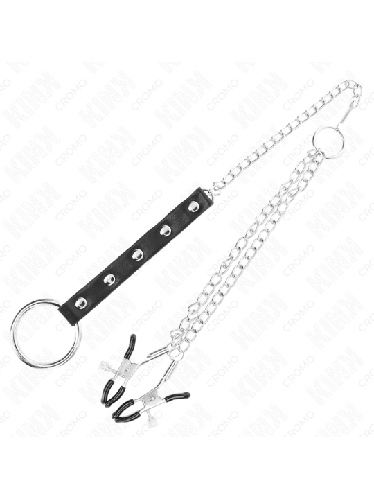 KINK - ANILLO PENE METAL CON CADENA Y PINZAS PARA PEZONES AJUSTABLE