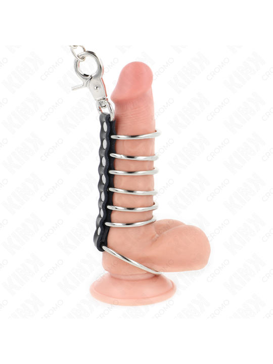 KINK - 7 ANILLOS PENE METAL 3.8 CM A 5 CM CONECTADOS CON POLIPIEL Y CADENA METAL 100 CM