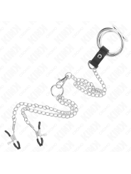 KINK - ANILLO PENE TRIPLE METAL CROMADO 3.8 CM A 5 CM CON CADENA METAL 26 CM Y PINZAS PARA PEZONES MODELO 1