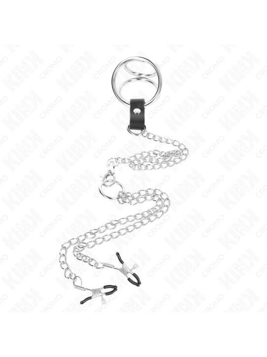 KINK - ANILLO PENE TRIPLE METAL CROMADO 3 CM A 4.5 CM CON CADENA METAL 26 CM Y PINZAS PARA PEZONES