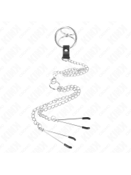 KINK - ANILLO PENE TRIPLE METAL CROMADO 3.8 CM A 5 CM CADENA METAL 26 CM Y PINZAS PARA PEZONES MODELO 2