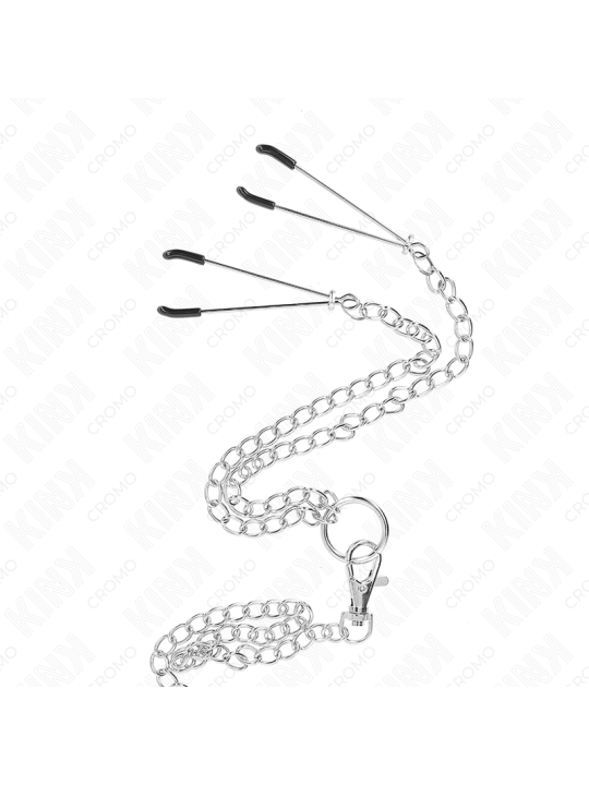 KINK - ANILLO PENE TRIPLE METAL CROMADO 3.8 CM A 5 CM CADENA METAL 26 CM Y PINZAS PARA PEZONES MODELO 2