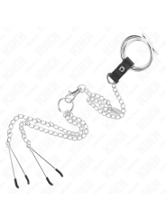KINK - ANILLO PENE TRIPLE METAL CROMADO 3.8 CM A 5 CM CADENA METAL 26 CM Y PINZAS PARA PEZONES MODELO 2