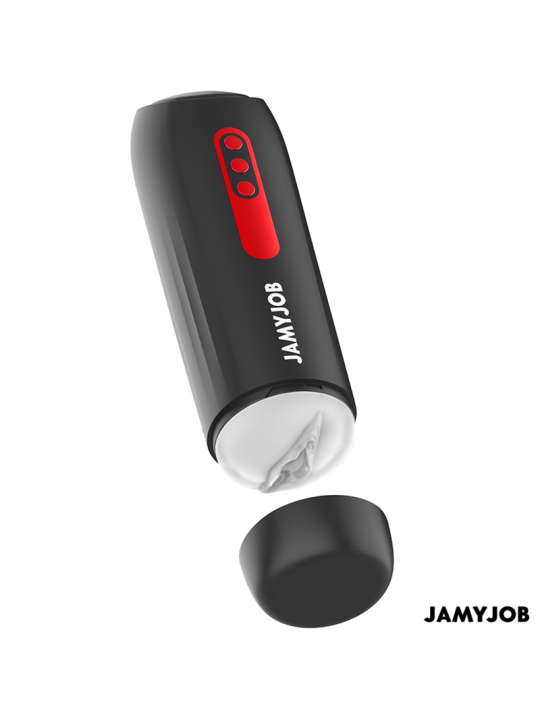 Masturbador automático Jamyjob Phantom negro con franja roja de botones, tapa retirada