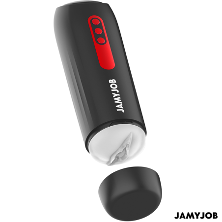 Masturbador automático Jamyjob Phantom negro con franja roja de botones, tapa retirada