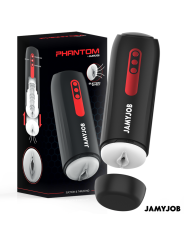 Jamyjob Phantom junto a su caja: masturbador de succión y empuje con entrada en silicona clara