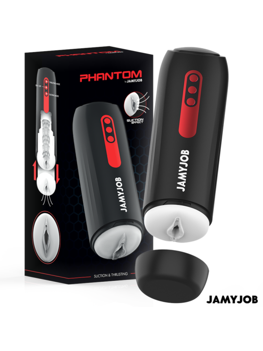 Jamyjob Phantom junto a su caja: masturbador de succión y empuje con entrada en silicona clara