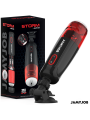 Masturbador automático Jamyjob Storm en negro y rojo junto a su caja, montado sobre un soporte con ventosa