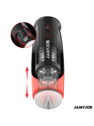 Jamyjob Storm con la funda de silicona translúcida y las flechas que marcan el movimiento de empuje