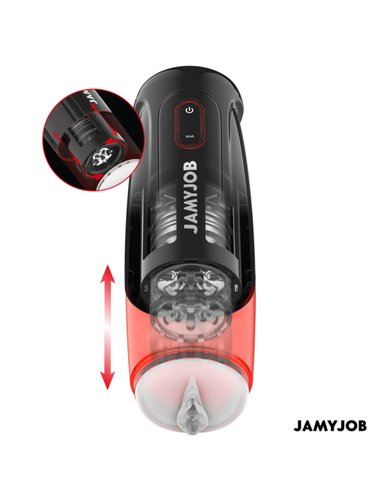 Jamyjob Storm con la funda de silicona translúcida y las flechas que marcan el movimiento de empuje