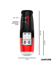 Esquema del Jamyjob Storm con sus medidas de 28,9 y 9 cm y los botones de encendido y modo