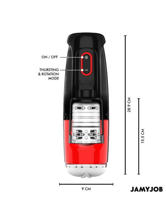 Esquema del Jamyjob Storm con sus medidas de 28,9 y 9 cm y los botones de encendido y modo