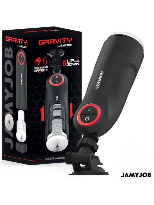 Masturbador automático Jamyjob Gravity negro sobre su soporte de ventosa, junto a la caja del producto