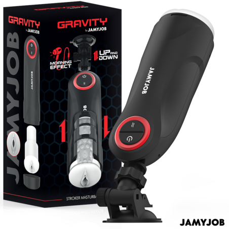 Masturbador automático Jamyjob Gravity negro sobre su soporte de ventosa, junto a la caja del producto