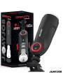 Masturbador automático Jamyjob Gravity negro sobre su soporte de ventosa, junto a la caja del producto
