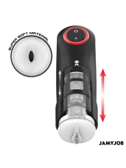 Funda interior transparente y texturizada del Jamyjob Gravity con entrada en forma de vulva y movimiento de empuje