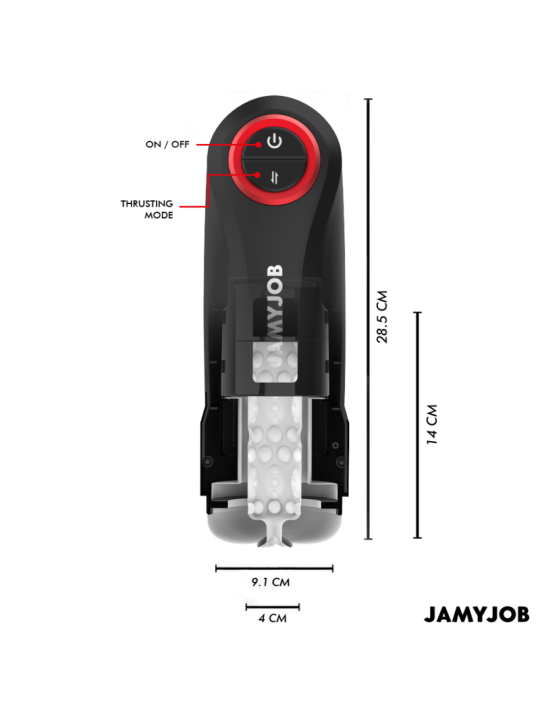 Medidas del Jamyjob Gravity: 28,5 cm de alto, 14 cm de canal, 9,1 cm de ancho y botones de encendido y empuje