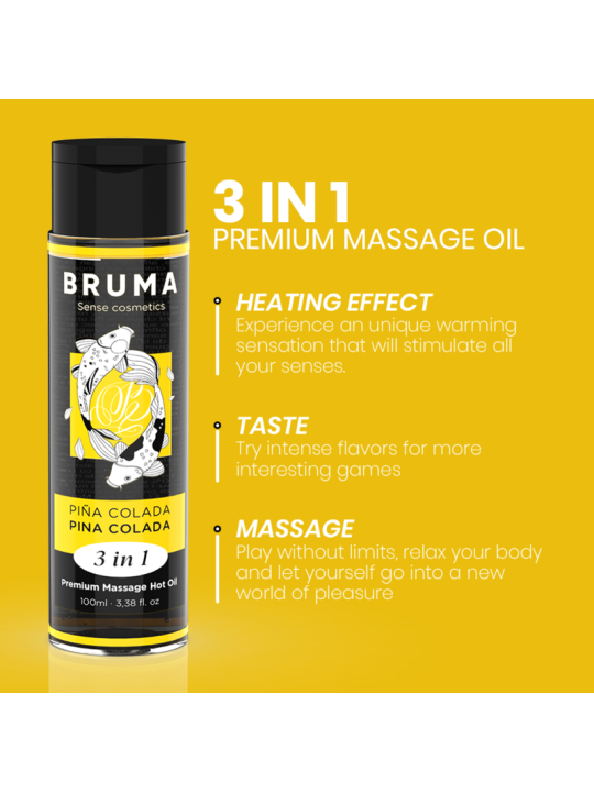 BRUMA - ACEITE DE MASAJE PREMIUM EFECTO CALOR SABOR PIÑA COLADA 3 EN 1 - 100 ML