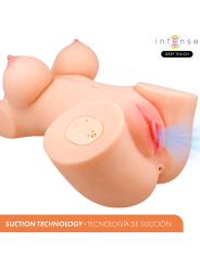 Torso Intense Deep Touch Vero tumbado, con el panel de control en la cadera y el esquema de la tecnología de succión