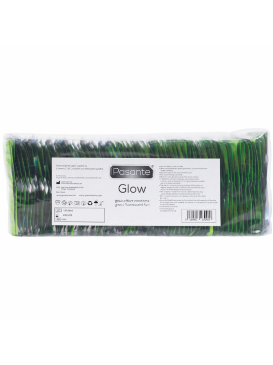Bolsa a granel de 144 preservativos Pasante Glow verdes con la etiqueta de la marca y el lote