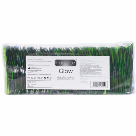 Bolsa a granel de 144 preservativos Pasante Glow verdes con la etiqueta de la marca y el lote