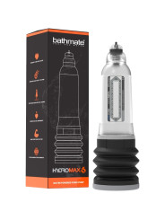 Bathmate Hydromax6 transparente con fuelle negro junto a su caja naranja y negra Water Powered Penis Pump