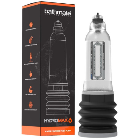 Bathmate Hydromax6 transparente con fuelle negro junto a su caja naranja y negra Water Powered Penis Pump