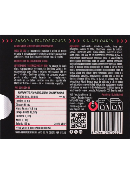WUG Climax - Chicle funcional con Maca, Damiana y Ginseng para potenciar el deseo y la vitalidad íntima BLISTER 8 UDS