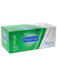 Caja verde de 144 preservativos retardantes Pasante Infinity X Delay, vista en perspectiva