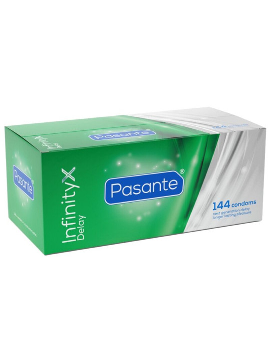 Caja verde de 144 preservativos retardantes Pasante Infinity X Delay, vista en perspectiva