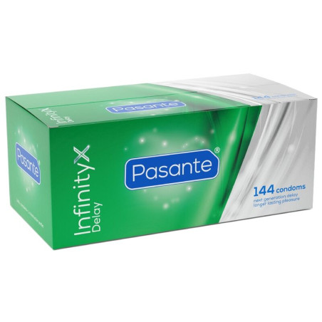 Caja verde de 144 preservativos retardantes Pasante Infinity X Delay, vista en perspectiva