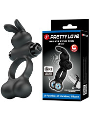 PRETTY LOVE - ANILLO VIBRADOR PARA PENE CON ESTIMULADOR DE CONEJITO 10 FUNCIONES NEGRO